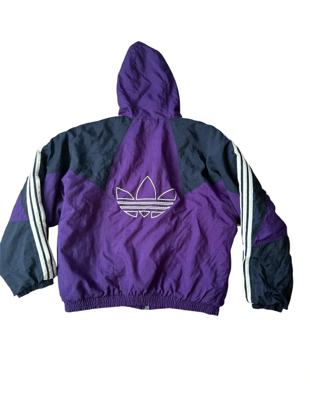 Vintage Adidas Trefoil Hooded Puffer Jacket Purple Black 90s Spellout Stripe L